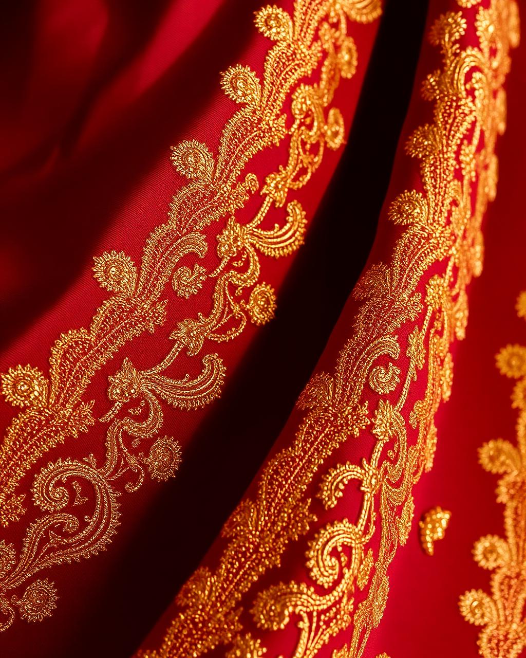 Intricate gold embroidery on silk